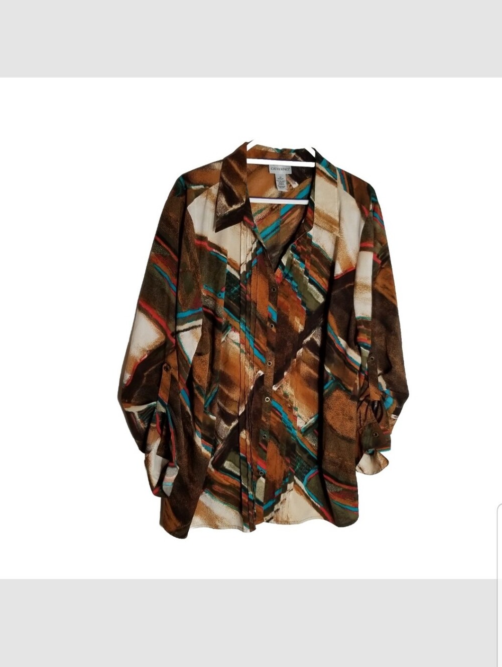 Catherines Top Women's 2X 22/24W Button Pintuck Front Blouse Brown Blue Orange